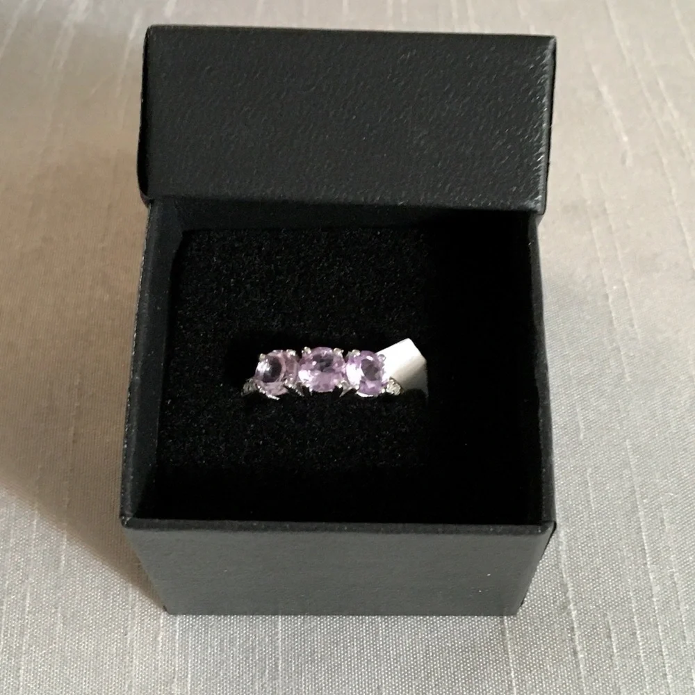 Amethyst Topaz Ring Three-Stone Round Cut Rhodium Sterling Silver Purple W 7 NWT - Picture 10 of 17